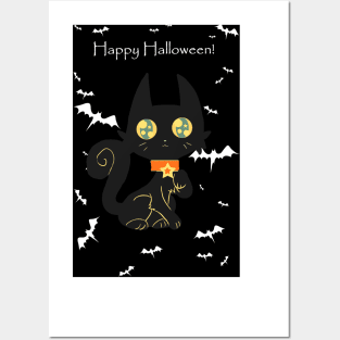 "Happy Halloween" Star Collar Black Cat Posters and Art